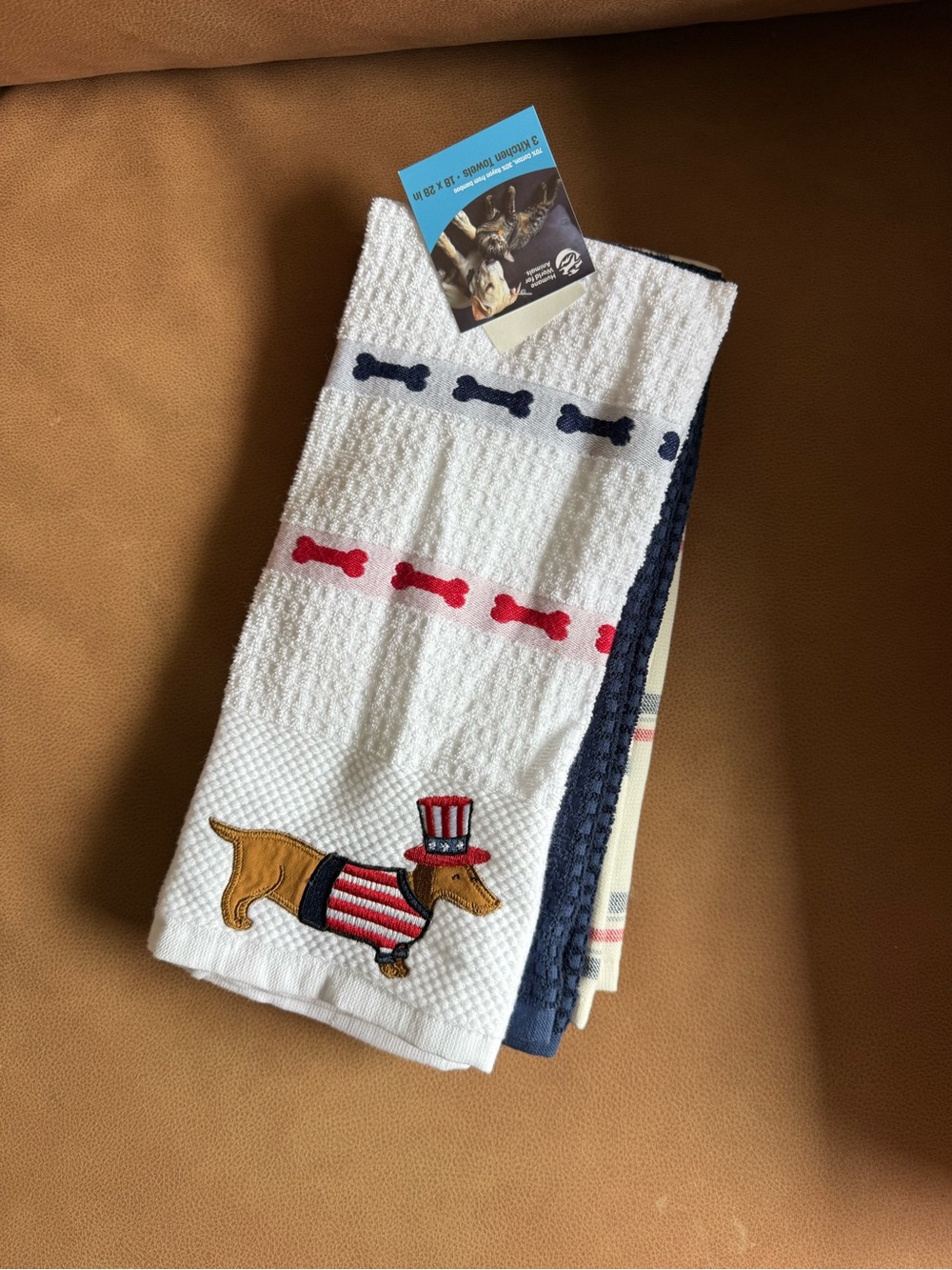 Patriotic Dachshund Embroidered Kitchen Towel - White with Red & Navy